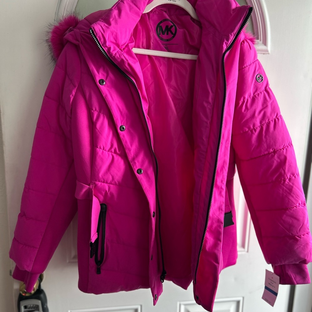 Michael Kors Belted Faux Fur Trim Hooded Puffer Jacket - Hot Pink Size Large